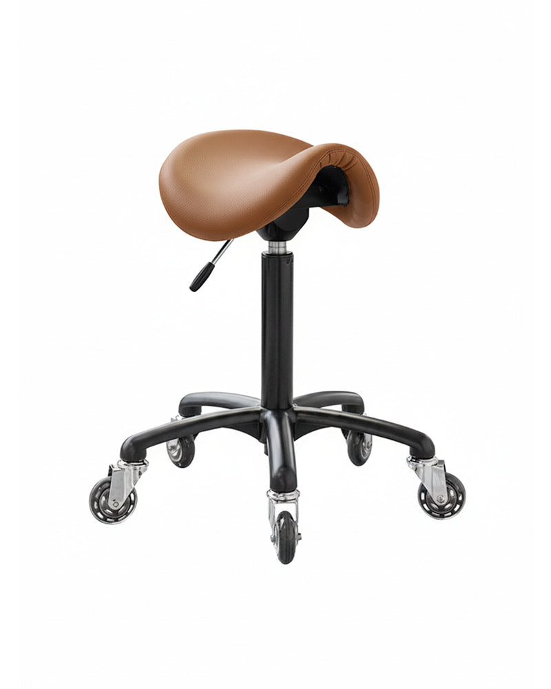 Stella - banqueta de sela preta com capa castanha e rodas roller